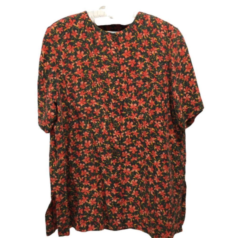 Liz Claiborne Coral Green Silk Button Up Short Sleeve Scoop Neck Blouse 14P